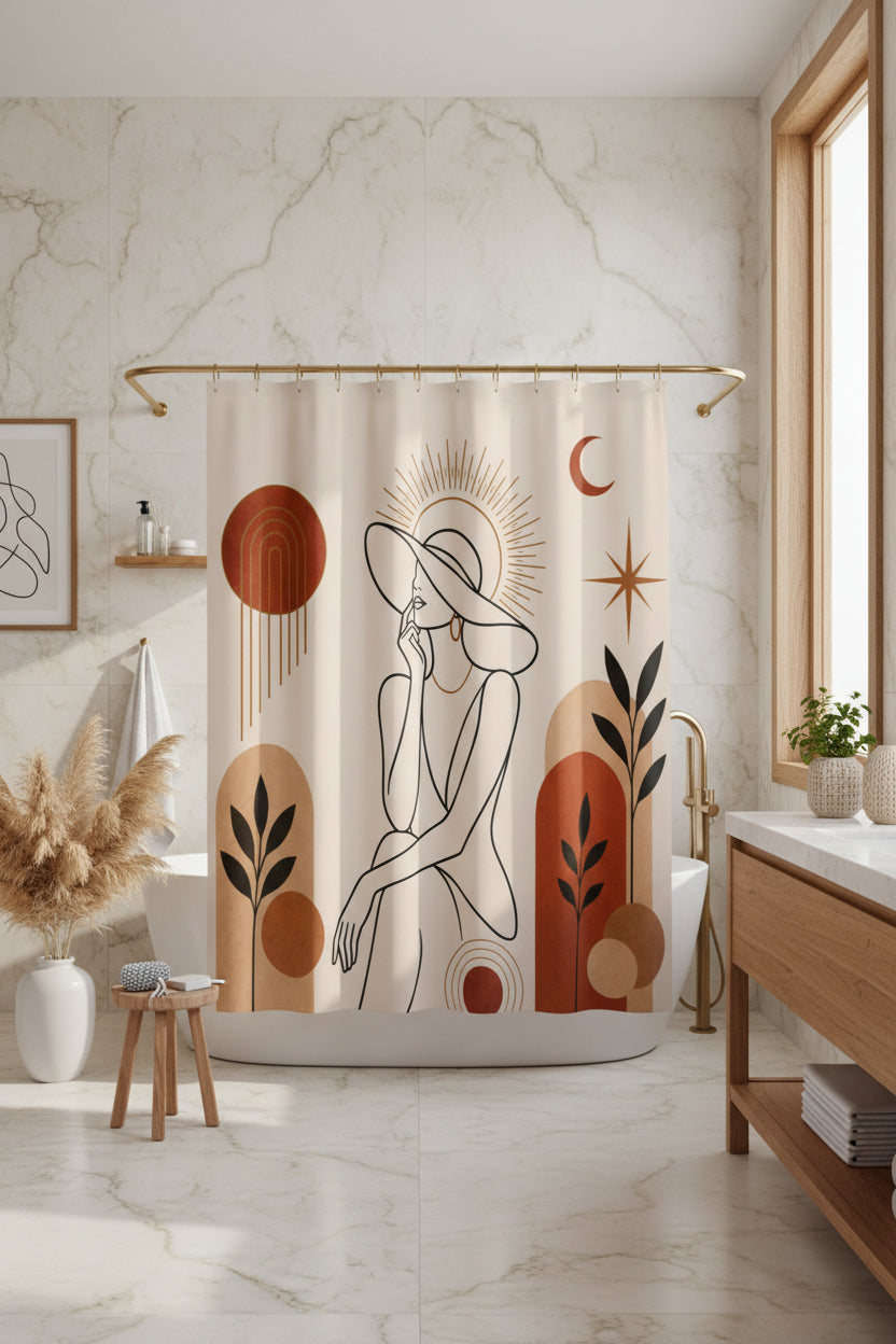 Shower curtain with abstract design featuring a woman, sun, moon, and plants on a beige background.