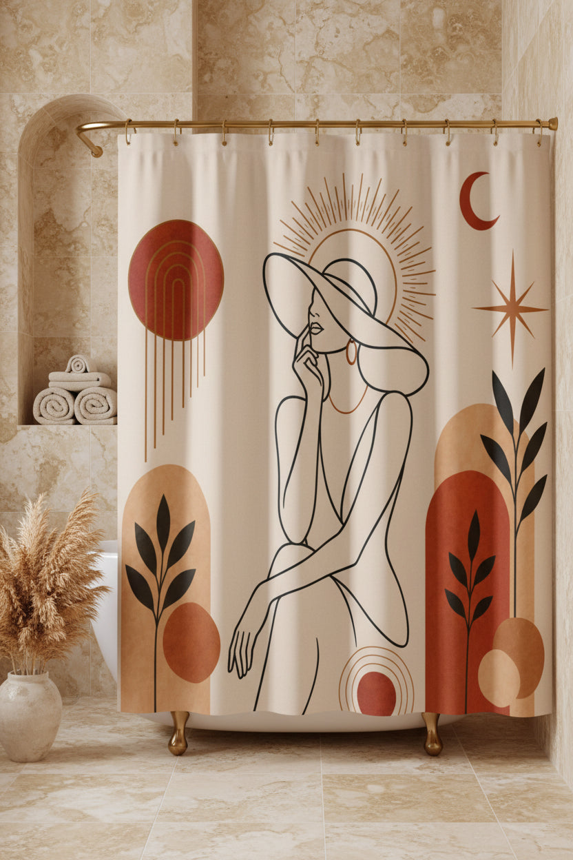 Shower curtain with abstract design featuring a woman, sun, moon, and plants on a beige background.