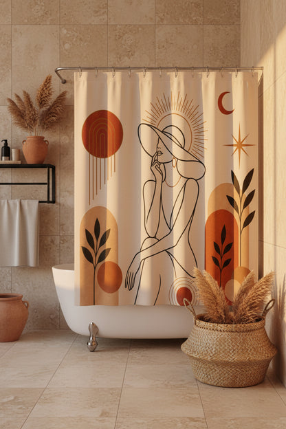 Shower curtain with abstract design featuring a woman, sun, moon, and plants on a beige background.