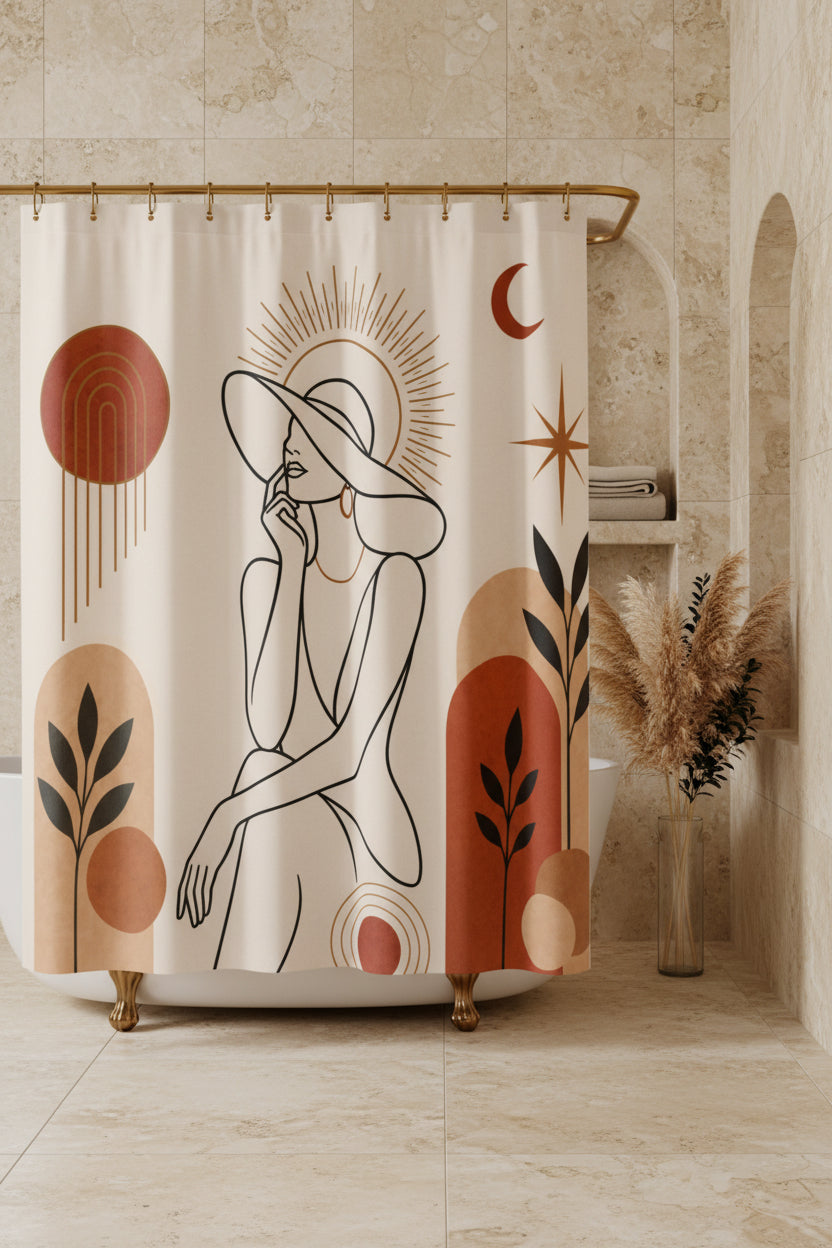 Shower curtain with abstract design featuring a woman, sun, moon, and plants on a beige background.