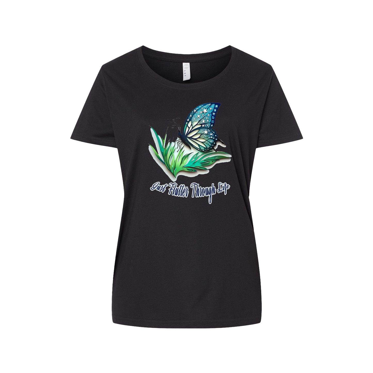 t-shirt with a blue butterfly design