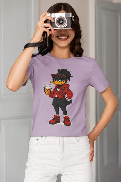 purple t-shirt with a cartoon duck