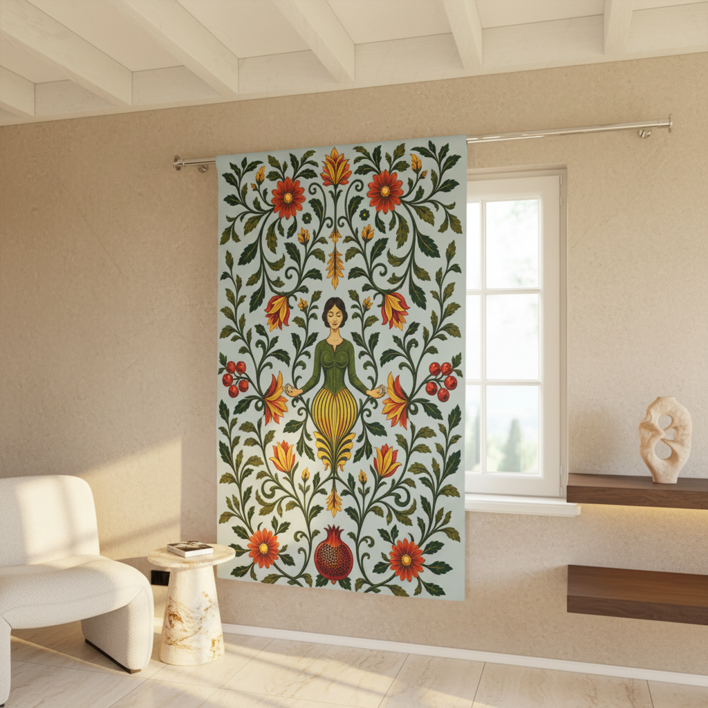 A tall window curtain panel hanging in a bright room, featuring a folk-art style design of a woman surrounded by green vines and red, orange, and yellow flowers on a pale blue background.