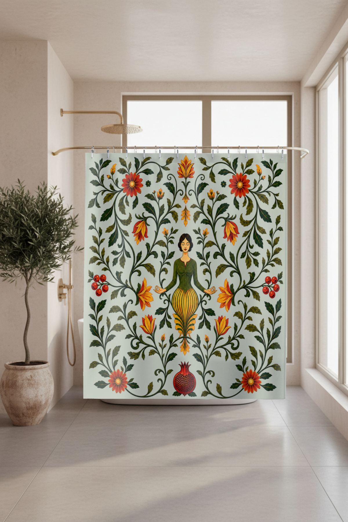 A shower curtain hanging in a bright bathroom, featuring a folk-art style design with a central female figure surrounded by green vines, orange flowers, and red berries on a pale blue background.