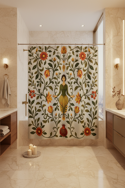 A shower curtain featuring a vintage botanical illustration with a central female figure surrounded by red flowers, orange blossoms, green leaves, and pomegranates on a pale gray background.