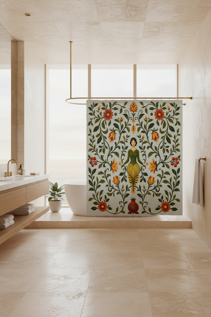 A shower curtain featuring a vintage botanical illustration with a central female figure surrounded by red flowers, orange blossoms, green leaves, and pomegranates on a pale gray background.