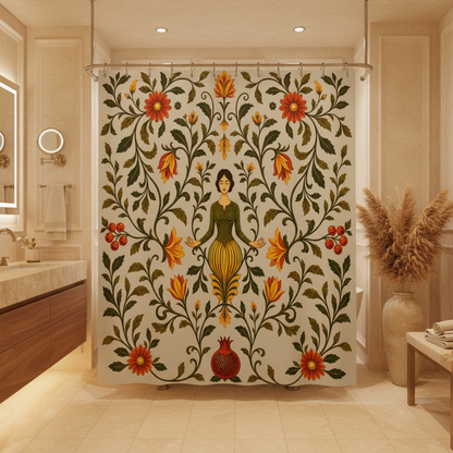A shower curtain featuring a vintage botanical illustration with a central female figure surrounded by red flowers, orange blossoms, green leaves, and pomegranates on a pale gray background.