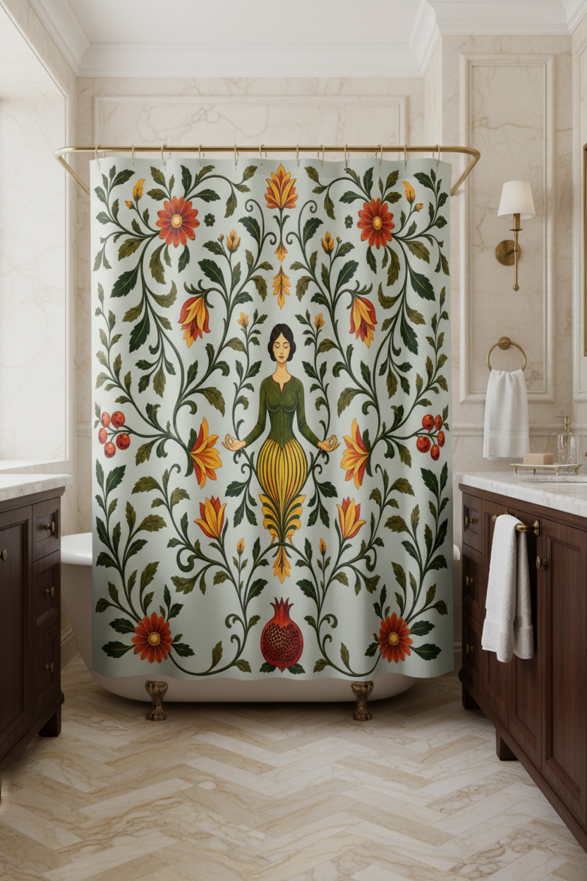 A shower curtain featuring a vintage botanical illustration with a central female figure surrounded by red flowers, orange blossoms, green leaves, and pomegranates on a pale gray background.