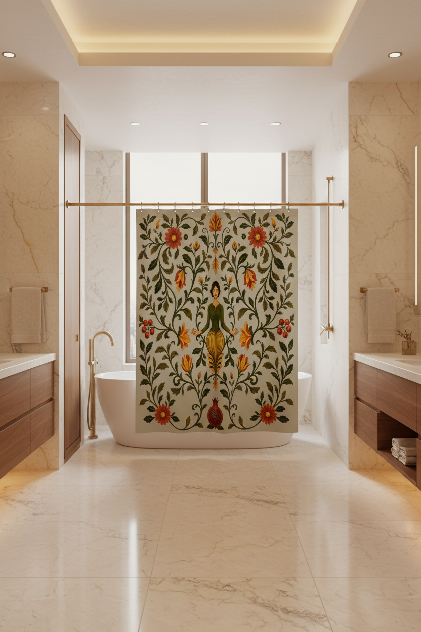 A shower curtain featuring a vintage botanical illustration with a central female figure surrounded by red flowers, orange blossoms, green leaves, and pomegranates on a pale gray background.