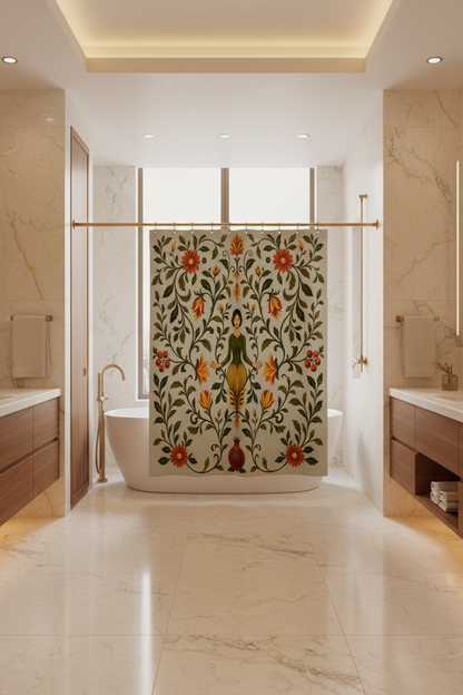 A shower curtain featuring a vintage botanical illustration with a central female figure surrounded by red flowers, orange blossoms, green leaves, and pomegranates on a pale gray background.
