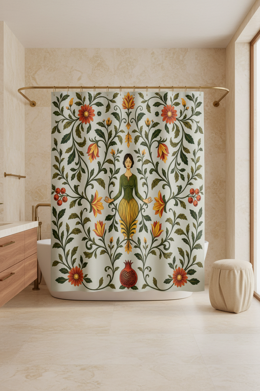 A shower curtain featuring a vintage botanical illustration with a central female figure surrounded by red flowers, orange blossoms, green leaves, and pomegranates on a pale gray background.