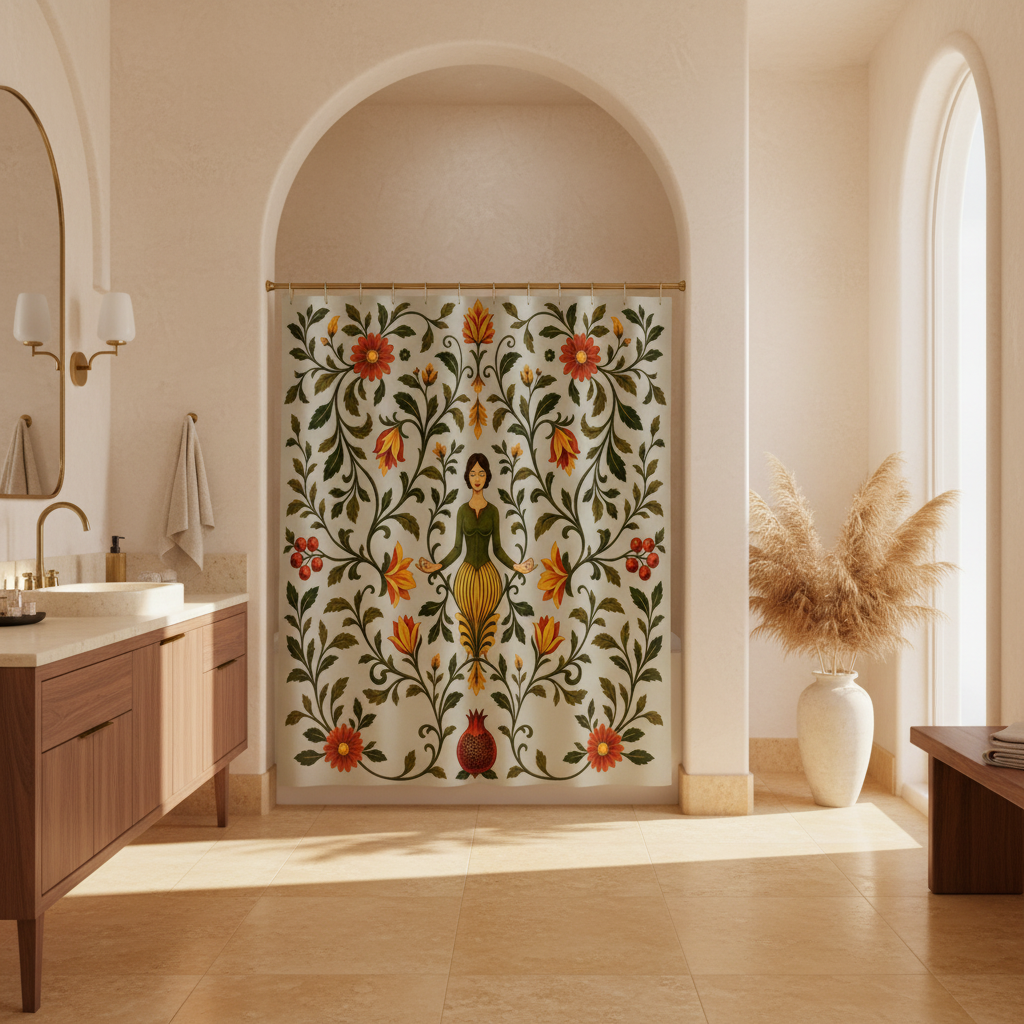 A shower curtain featuring a vintage botanical illustration with a central female figure surrounded by red flowers, orange blossoms, green leaves, and pomegranates on a pale gray background.
