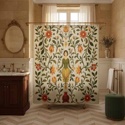 A shower curtain featuring a vintage botanical illustration with a central female figure surrounded by red flowers, orange blossoms, green leaves, and pomegranates on a pale gray background.