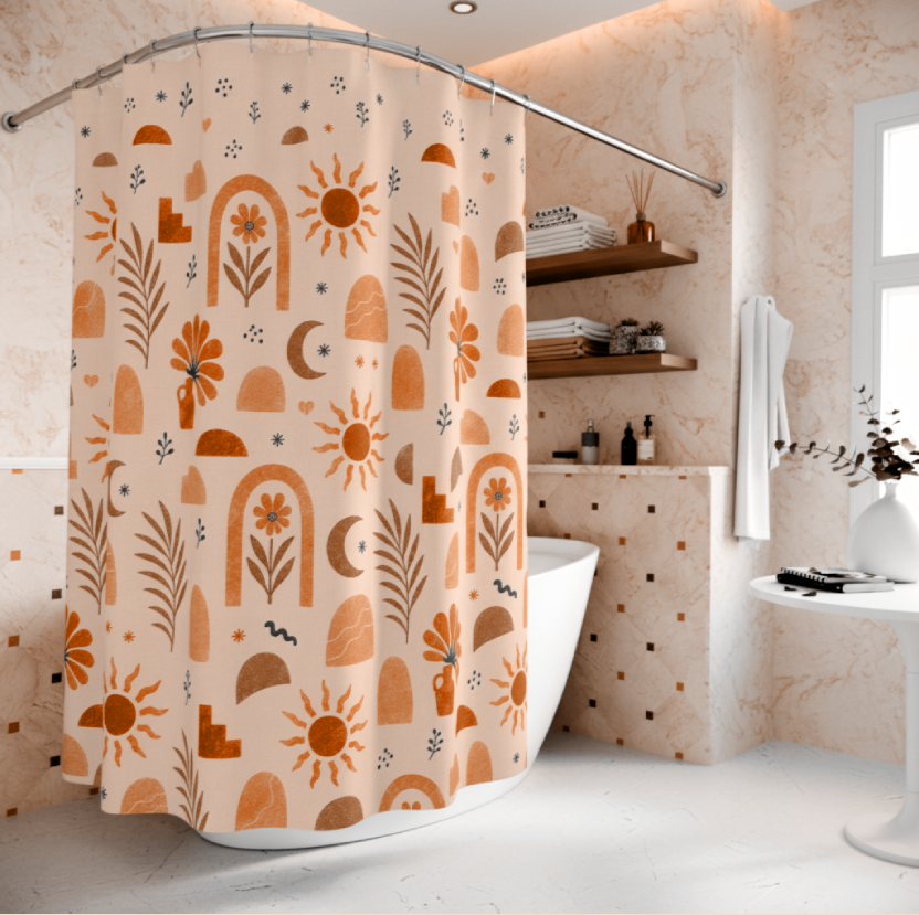 Floral Shower Curtain, Dusty Pink Terracotta Botanical Bath Decor, Modern Earthy Boho Chic Bath Curtain, Vintage Celestial Neutral Gift