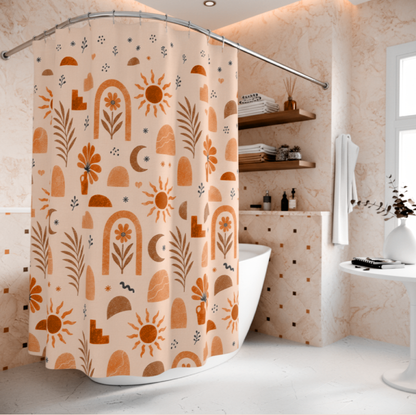 Floral Shower Curtain, Dusty Pink Terracotta Botanical Bath Decor, Modern Earthy Boho Chic Bath Curtain, Vintage Celestial Neutral Gift