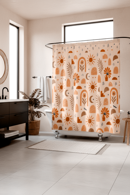 Floral Shower Curtain, Dusty Pink Terracotta Botanical Bath Decor, Modern Earthy Boho Chic Bath Curtain, Vintage Celestial Neutral Gift