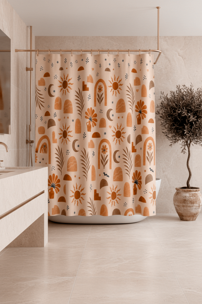 Floral Shower Curtain, Dusty Pink Terracotta Botanical Bath Decor, Modern Earthy Boho Chic Bath Curtain, Vintage Celestial Neutral Gift