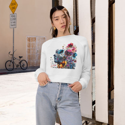 Women's Cropped Fleece Pullover with Floral Watercolor Design