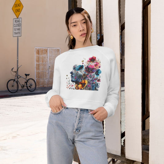 Women's Cropped Fleece Pullover with Floral Watercolor Design