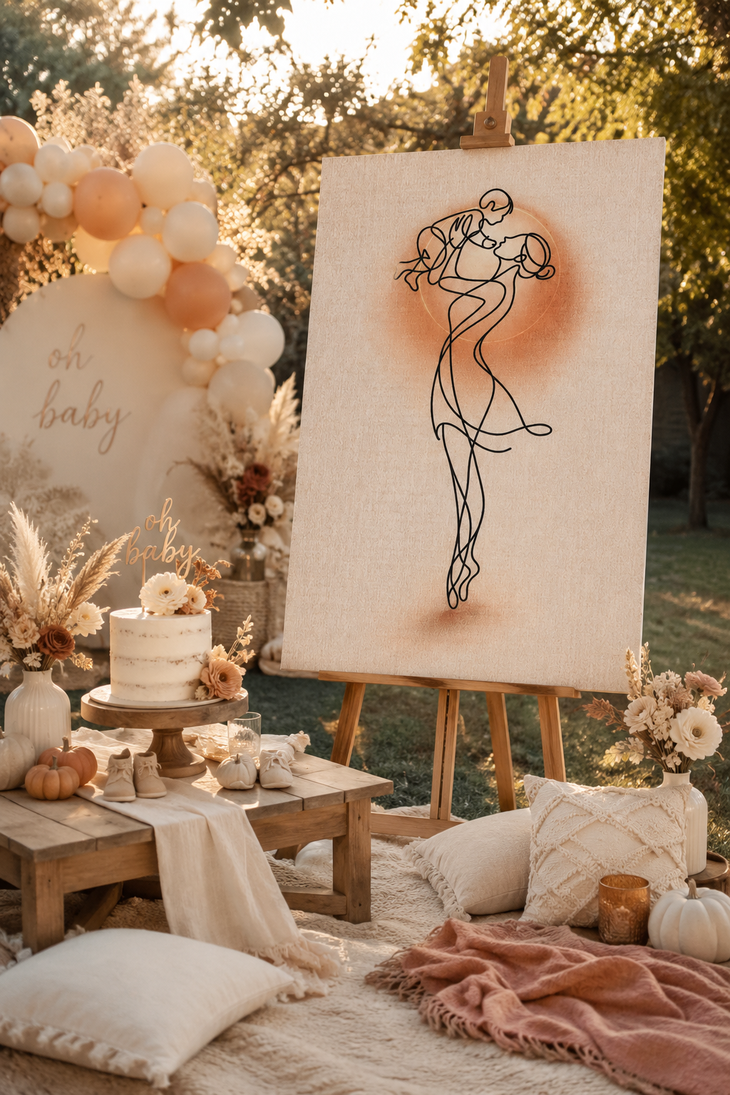 Fall Theme Baby Shower Canvas Wall Art with Mother & Baby Minimal Line Art design