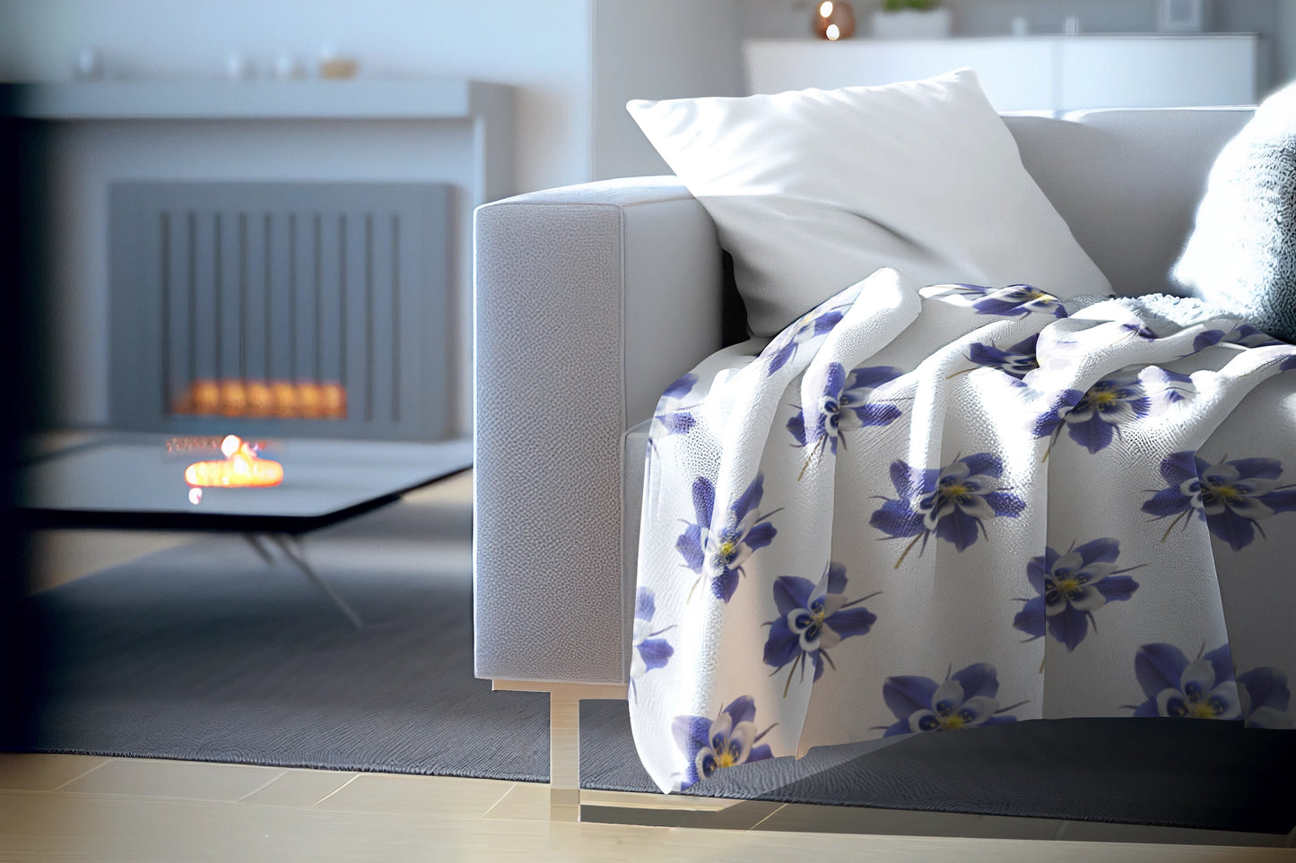 Velveteen Plush Blanket with Colorful Aquilegias Flower Design