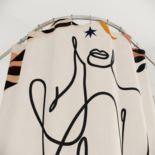 Shower Curtain with abstract Boho line art woman design
