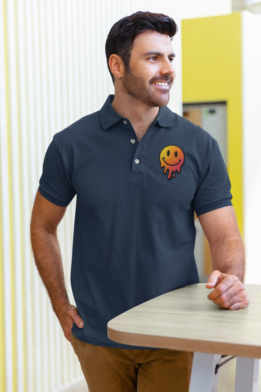Black men’s pique polo shirt with yellow smiley face graphic, casual trendy look