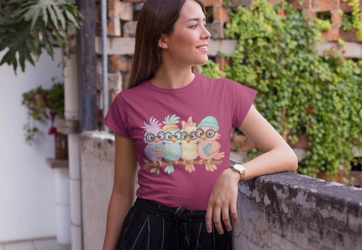 Cute Bird Friends Short Sleeve T-shirt - Perfect Gift for Animal Lovers - Lightweight Fabric Tee