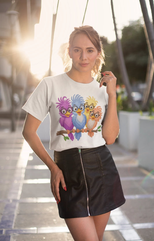 Colorful Bird Friends Women's T-Shirt - Fun & Playful Graphic Tee