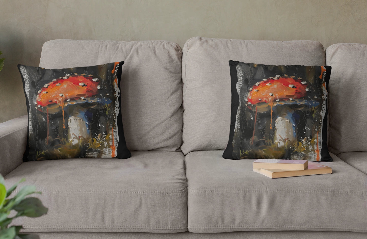 Mushroom Oil colored Square Cushion (Black)