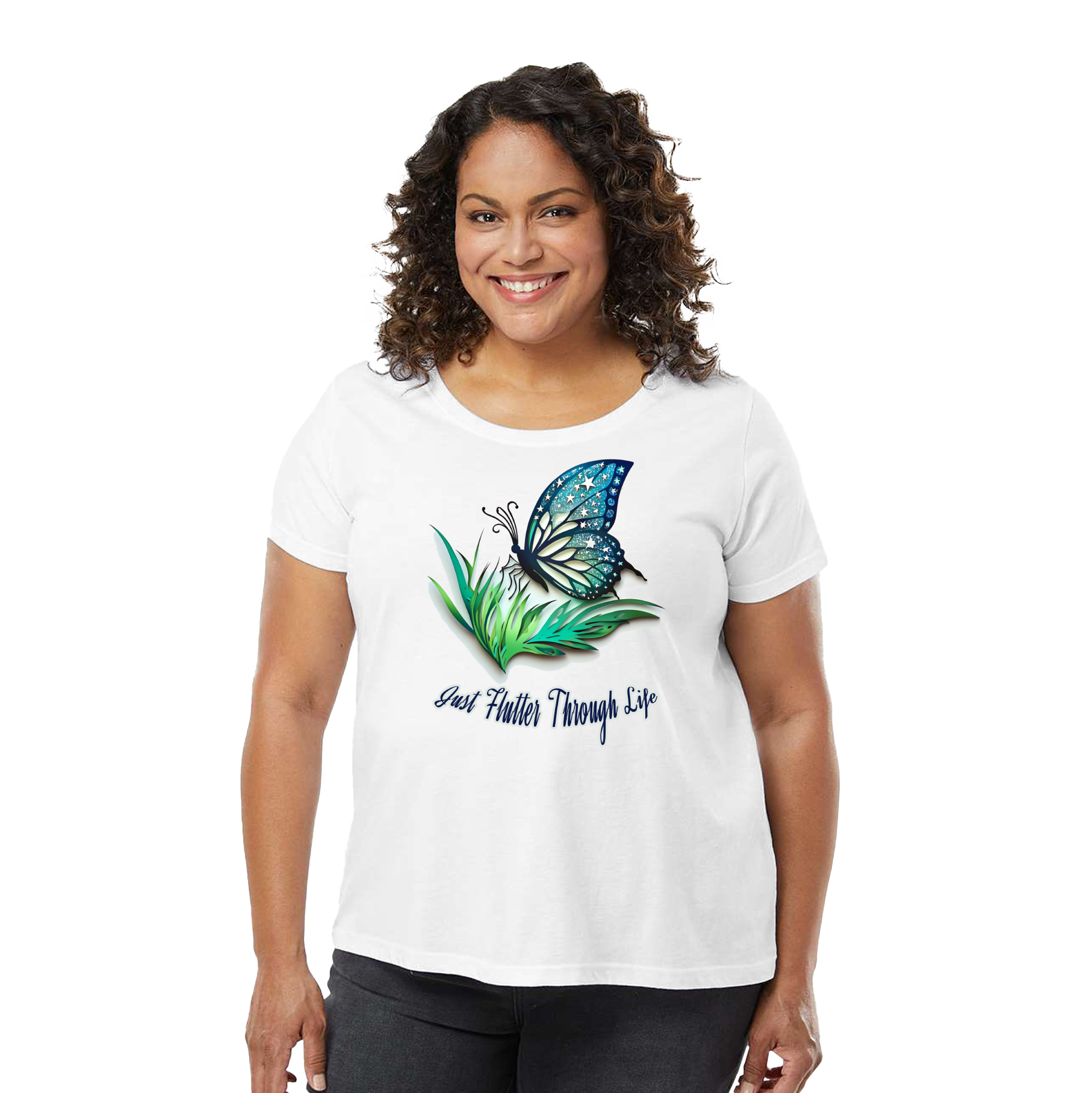 white t-shirt with butterfly graphic