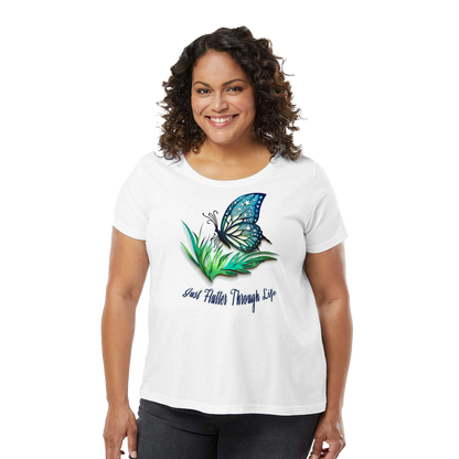 white t-shirt with butterfly graphic