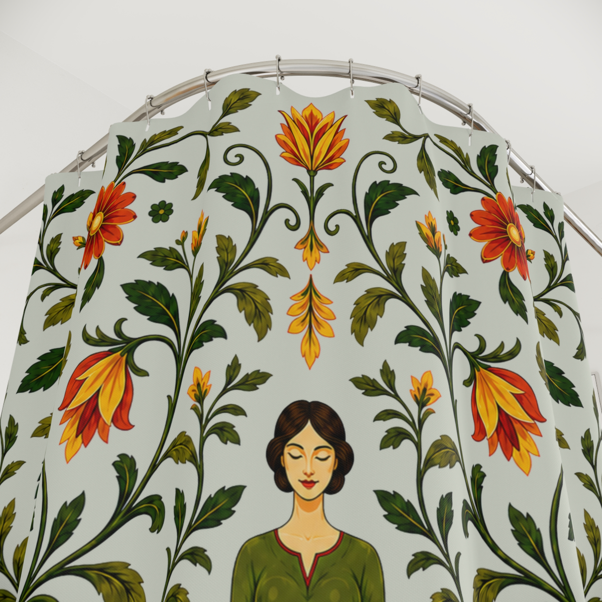 A large fabric canopy or tent panel with a folk-art floral pattern and a stylized woman's face at the bottom, hanging from a metal curved frame against a plain white wall.