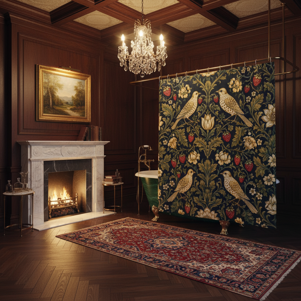 A shower curtain featuring a classic William Morris-style floral and bird pattern on a dark navy background, with gold, beige, and red details. The curtain is shown hanging from silver rings on a white rod, with a white bathtub edge visible at the bottom.