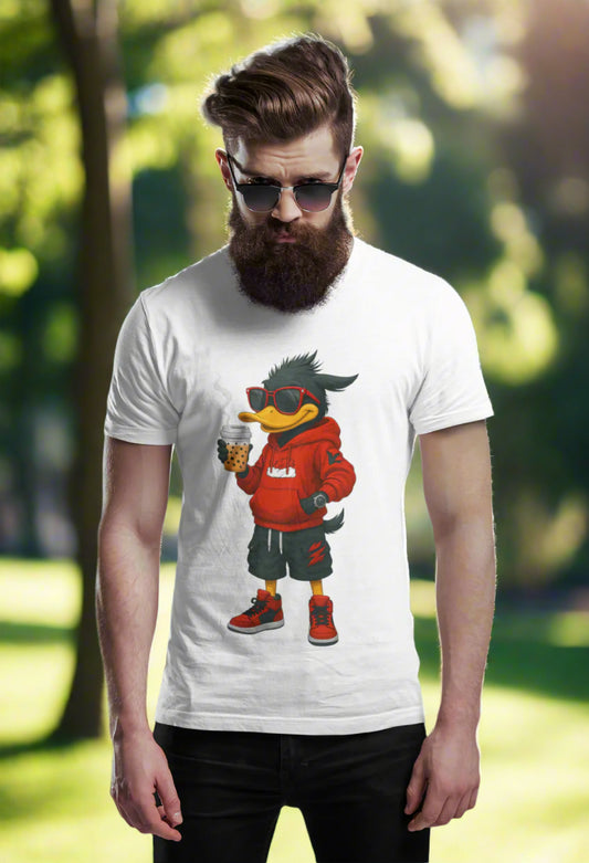 white t-shirt with a cartoon duck character design and free shipping for men