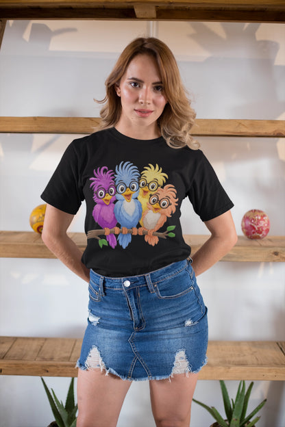 Colorful Bird Friends Women's T-Shirt - Fun & Playful Graphic Tee