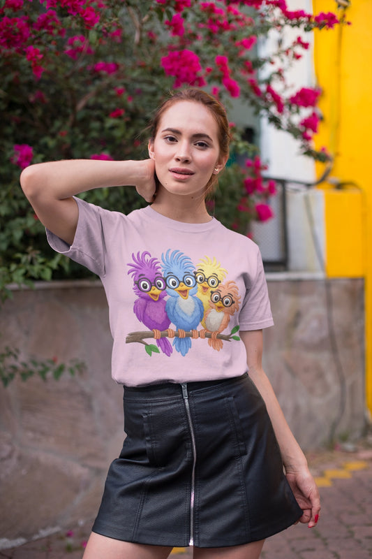 Colorful Bird Friends Women's T-Shirt - Fun & Playful Graphic Tee