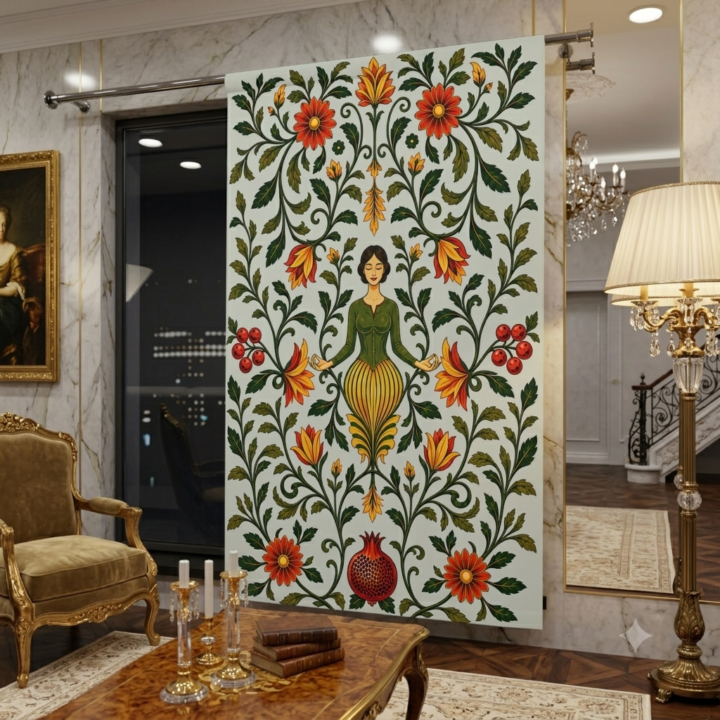 A large decorative wall hanging or tapestry displayed in an ornate interior room. The textile features a white background with a central female figure in green and yellow, surrounded by dense floral and vine motifs in red, orange, yellow, and green.