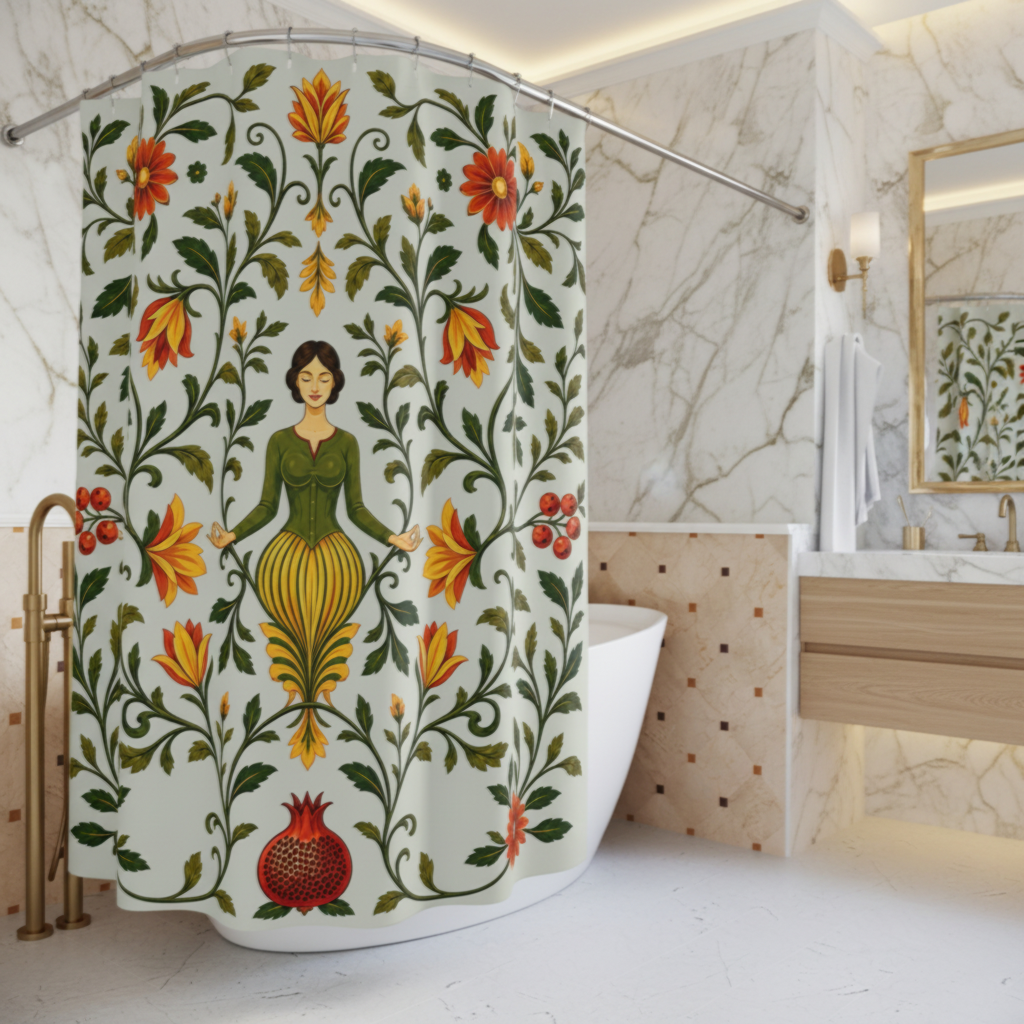 A floral shower curtain with a central female figure, displayed in a luxurious marble bathroom next to a freestanding bathtub.