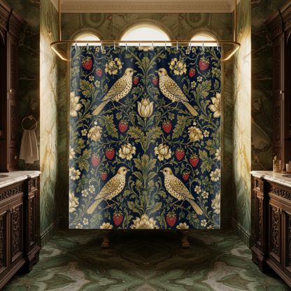 A shower curtain with a classic William Morris-style floral and bird pattern hangs in a luxurious bathroom with green marble walls and dark wood cabinets.